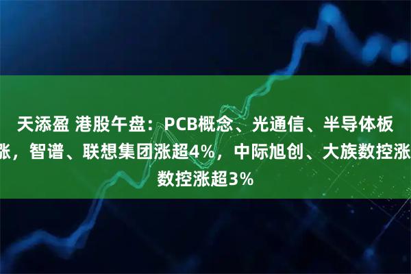 天添盈 港股午盘：PCB概念、光通信、半导体板块大涨，智谱、联想集团涨超4%，中际旭创、大族数控涨超3%